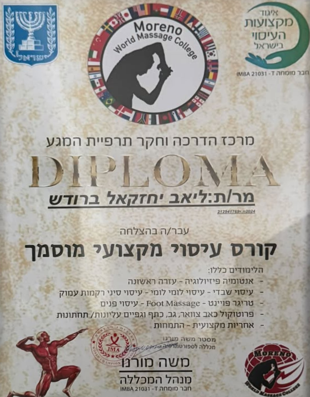 דיפלומת עיסוי רפואי מוסמך (Moreno World Massage College) של ליאב ברודש