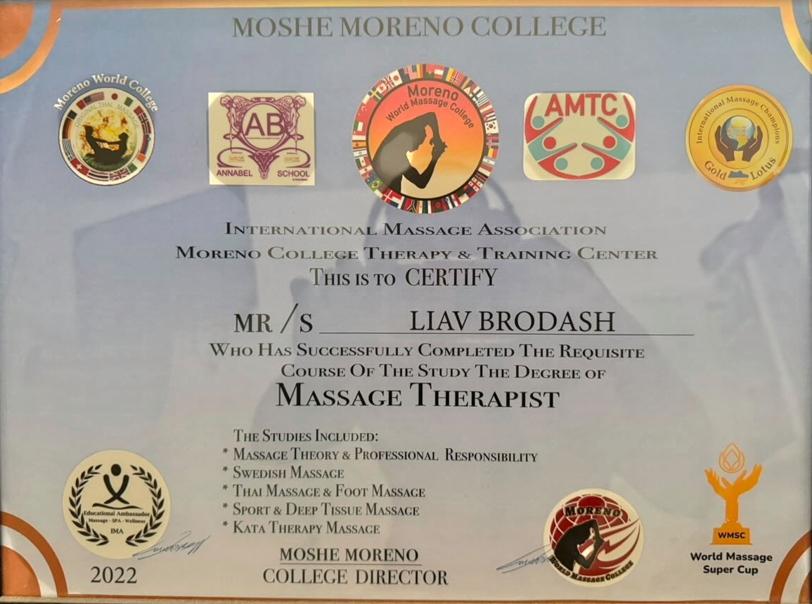 תעודת Massage Therapist (Moshe Moreno College) של ליאב ברודש