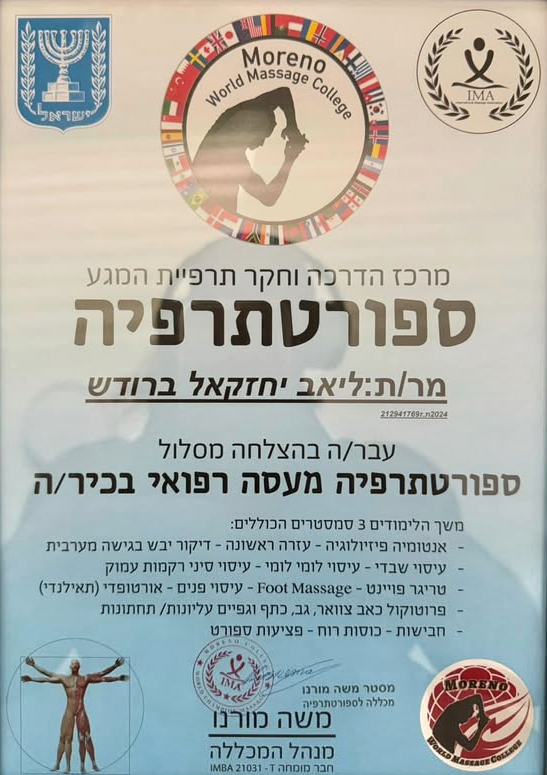 תעודת ספורטתרפיה ועיסוי רפואי בכיר של ליאב ברודש